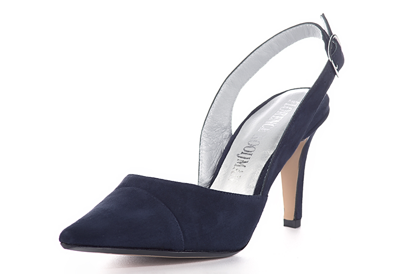 Navy blue women's slingback shoes. Pointed toe. High slim heel. Front view - Florence KOOIJMAN